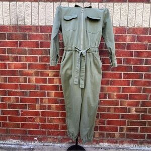 Fashion Nova Olive Green Utility Flight Suit Jumpsuit Belted Zip-Front Jogger M